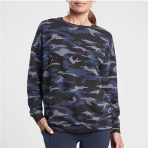 Athleta Womens Small Blue Black Camo Print Balance Pullover Sweatshirt Crew Neck